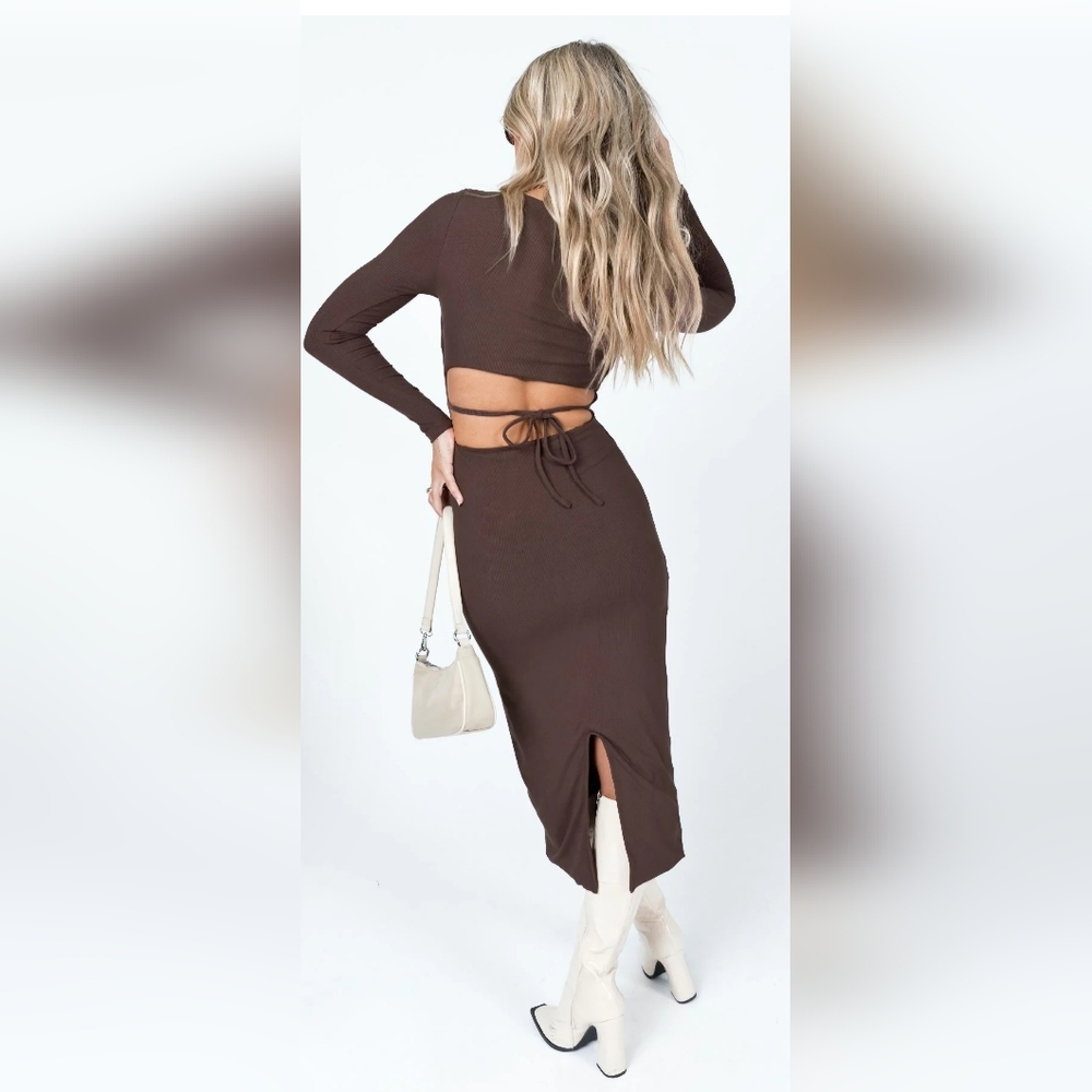 Princess Polly Nolan Chocolate Brown Long Sleeve Midi Dress Bodycon - Picture 2 of 10